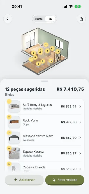 Curvinha's proposal screen: the room in 3D with numbered furniture, and a list with the store and price of each piece.